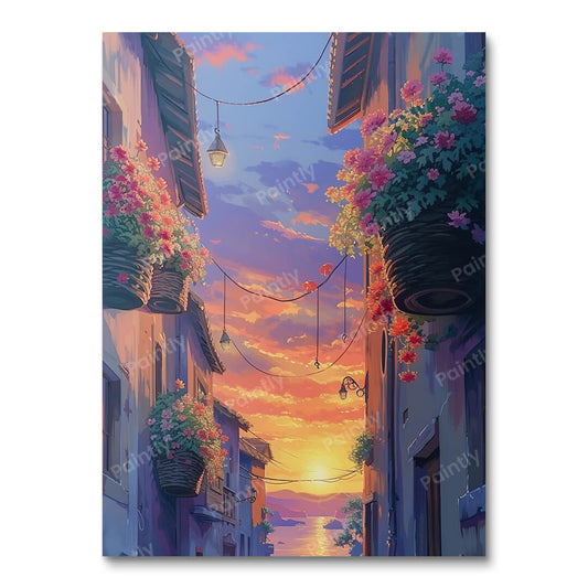 Flower-Adorned Sunset Street (Paint by Numbers)