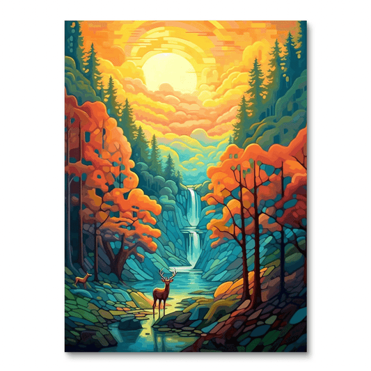 Deer at the Forest Cascade (Wall Art)