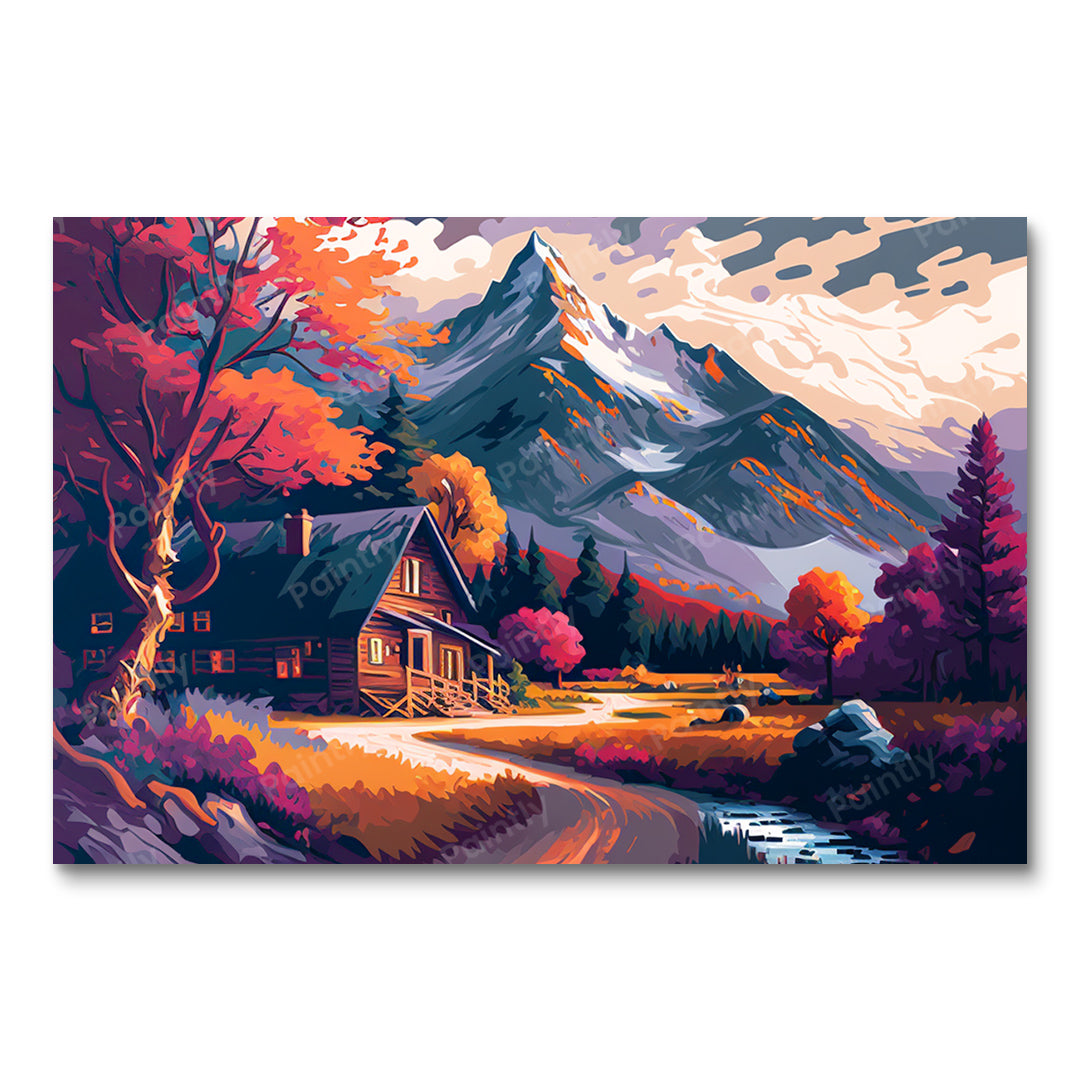 Scenic Cottage by the Mountain (Diamond Painting)