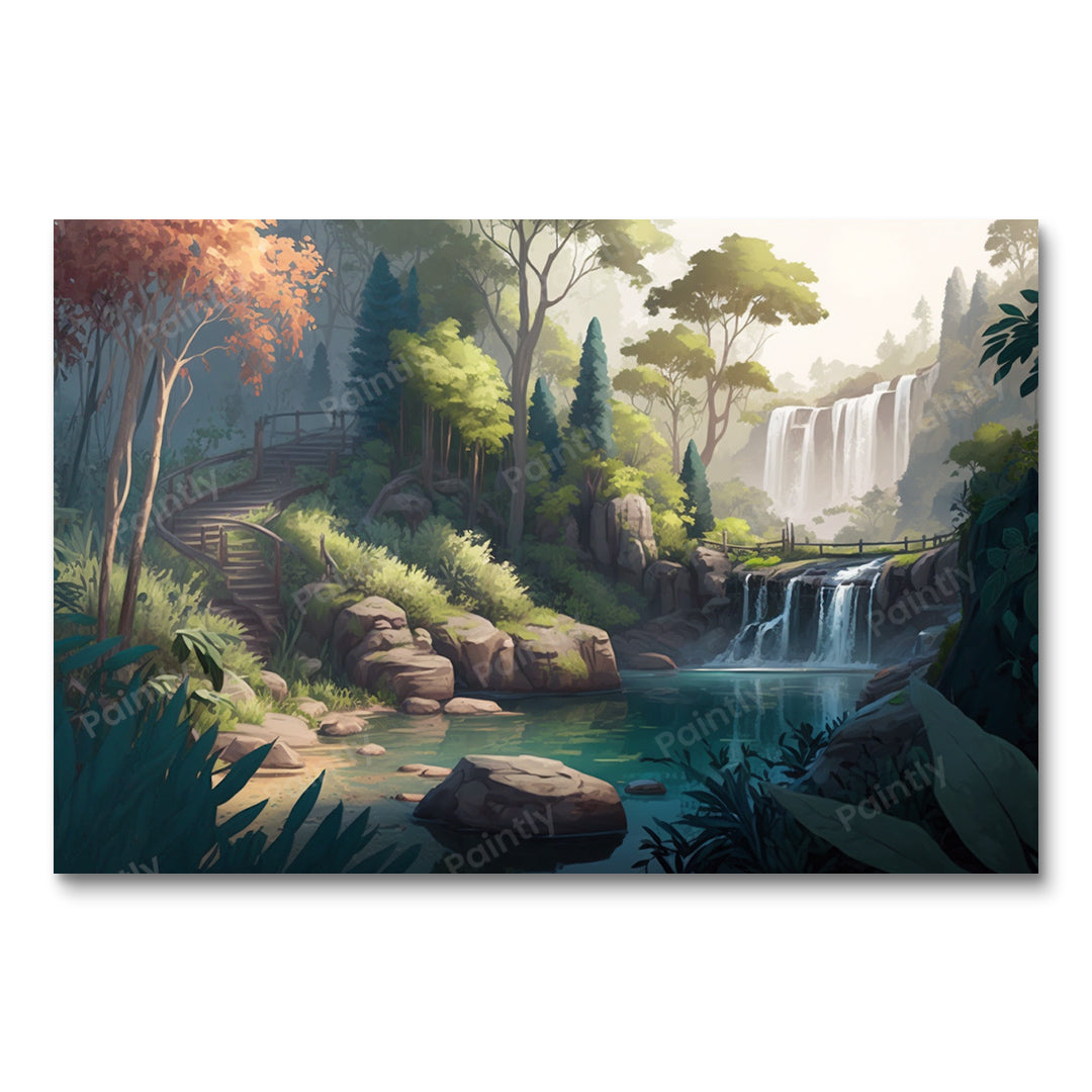 Foggy Jungle Waterfall Haven (maling efter tal)