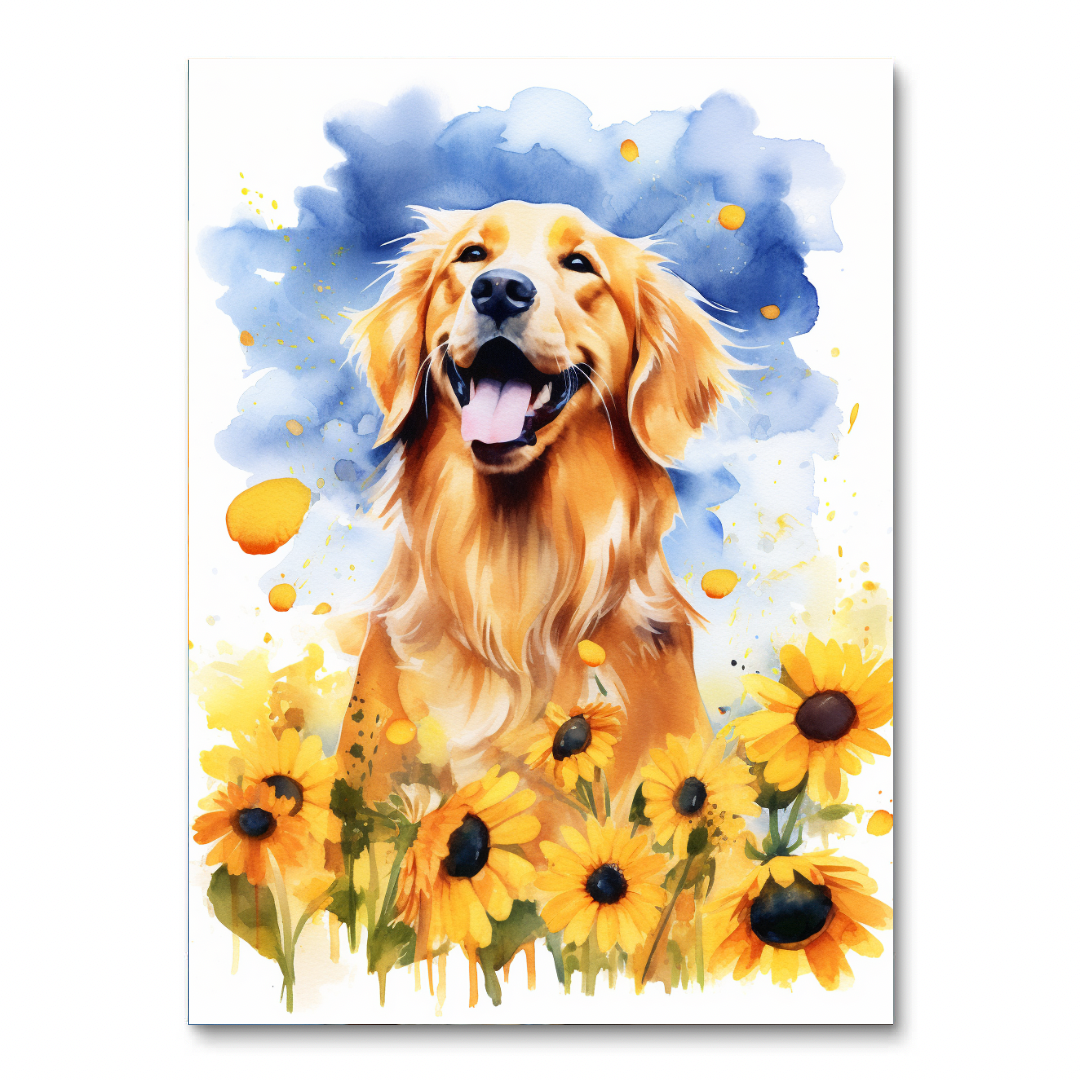 Golden Retriever unter Sonnenblumen (Diamond Painting)