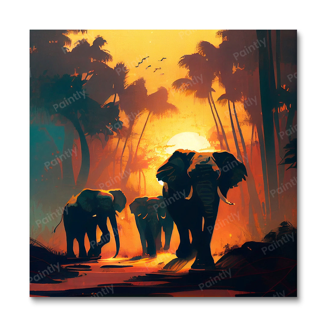 Elephant Silhouettes II (Paint by Numbers)