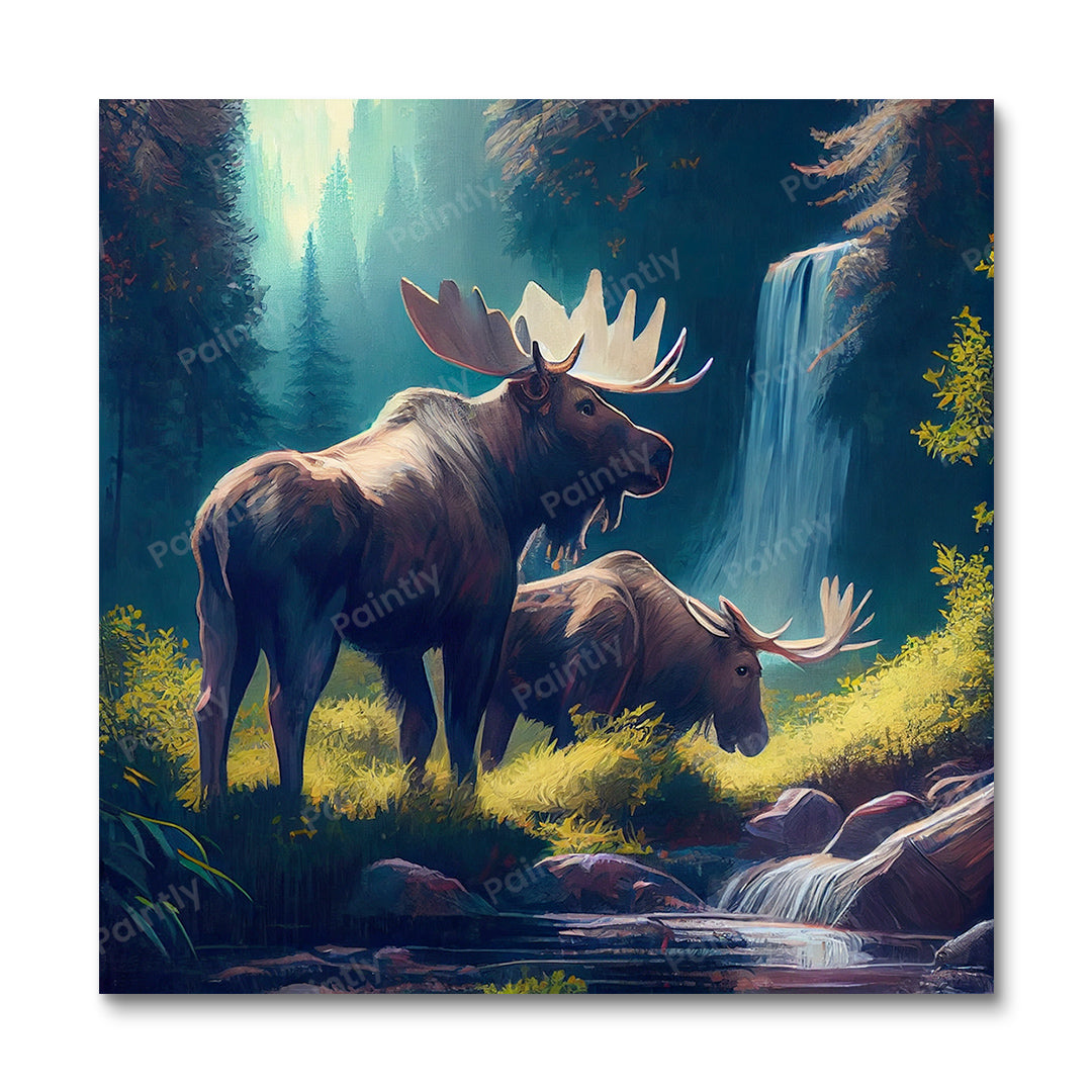 Moose by the Waterfall II (Vægkunst)