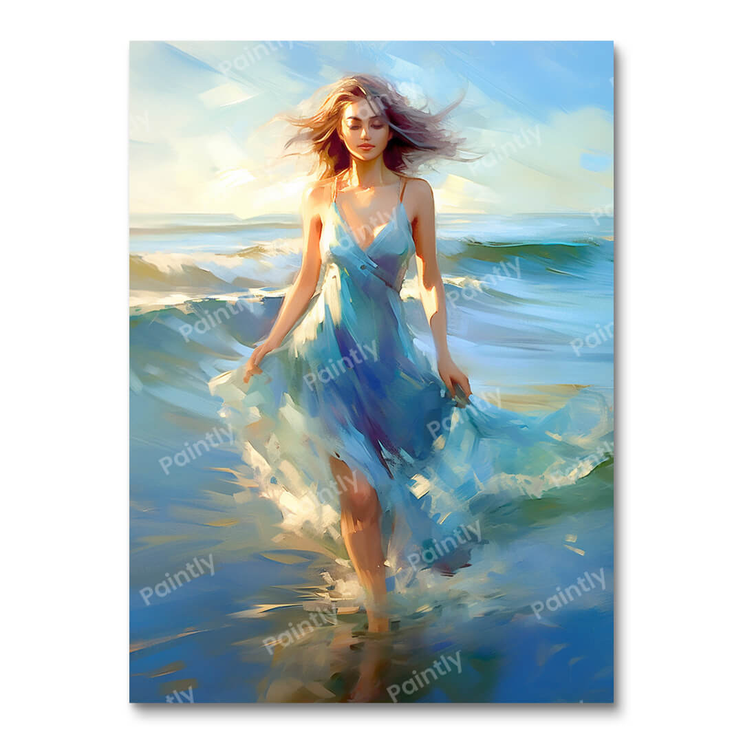 Blue Dress Girl on the Beach (Diamond Painting)